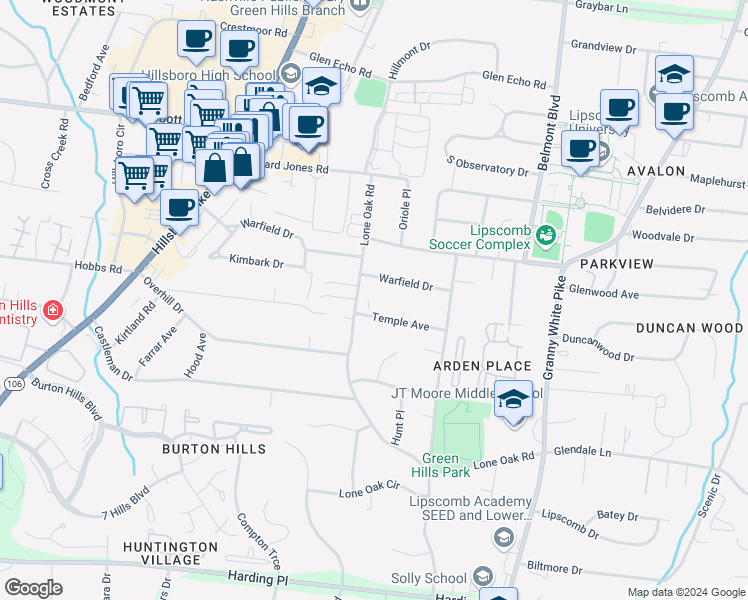 map of restaurants, bars, coffee shops, grocery stores, and more near 4232 Lone Oak Road in Nashville