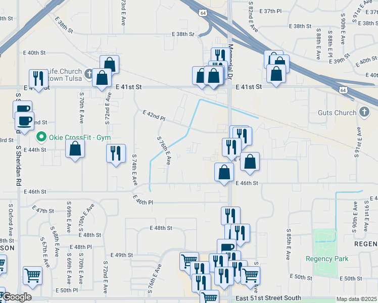 map of restaurants, bars, coffee shops, grocery stores, and more near 4251 South 76th East Avenue in Tulsa