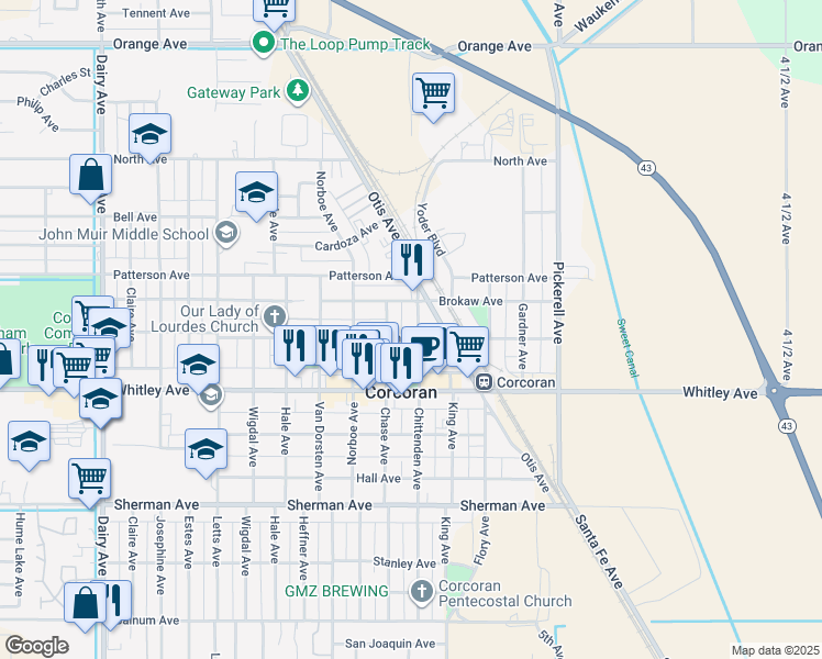 map of restaurants, bars, coffee shops, grocery stores, and more near in Corcoran