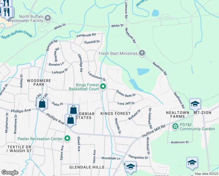 map of restaurants, bars, coffee shops, grocery stores, and more near 1700 Larchmont Drive in Greensboro