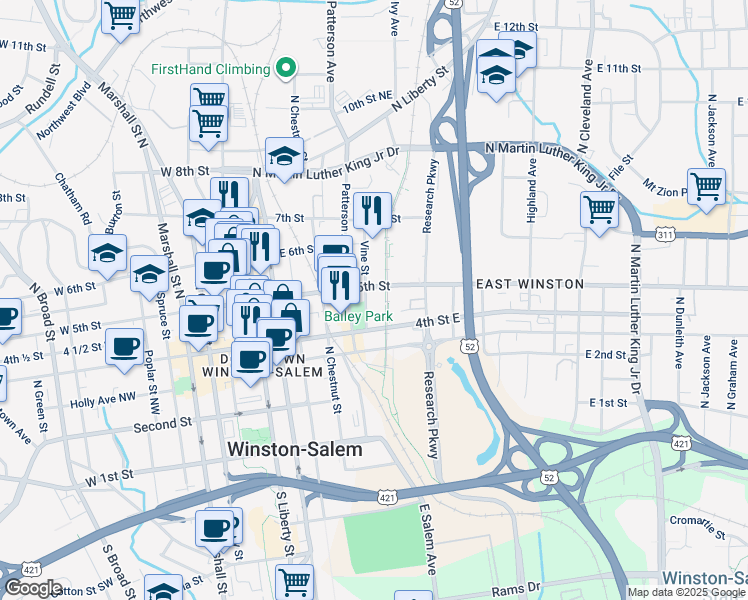 map of restaurants, bars, coffee shops, grocery stores, and more near in Winston-Salem