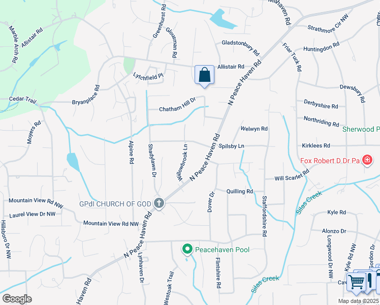 map of restaurants, bars, coffee shops, grocery stores, and more near 641 Willowbrook Lane in Winston-Salem