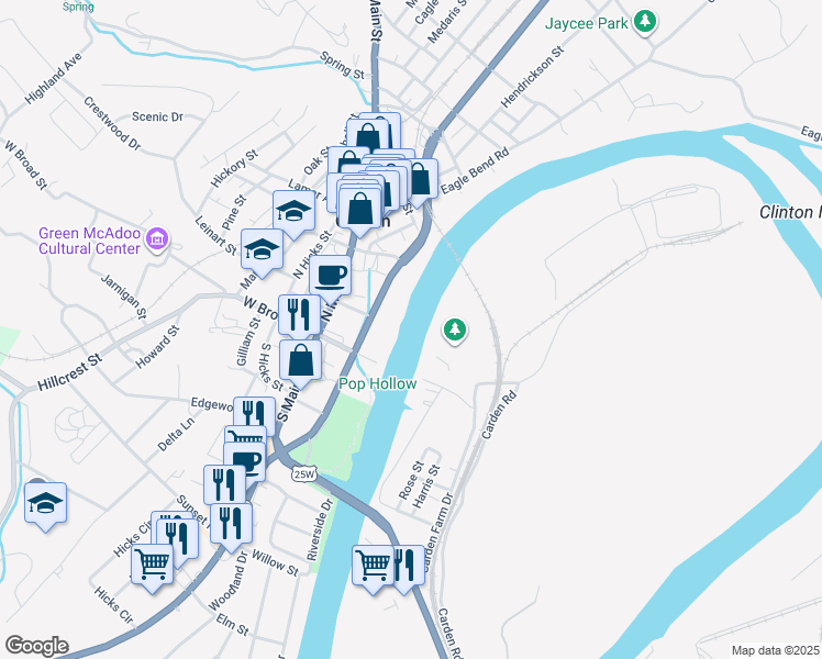 map of restaurants, bars, coffee shops, grocery stores, and more near in Clinton
