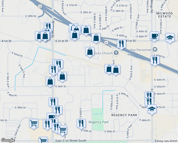 map of restaurants, bars, coffee shops, grocery stores, and more near in Tulsa