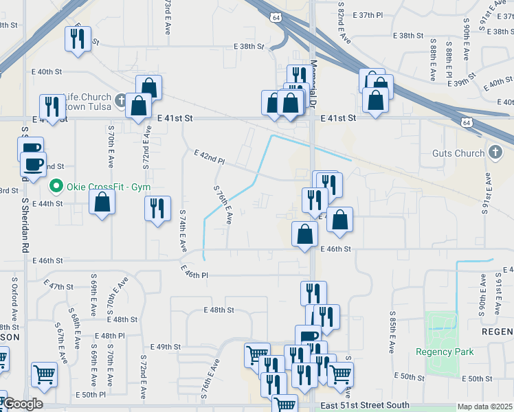 map of restaurants, bars, coffee shops, grocery stores, and more near 4251 South 76th East Avenue in Tulsa