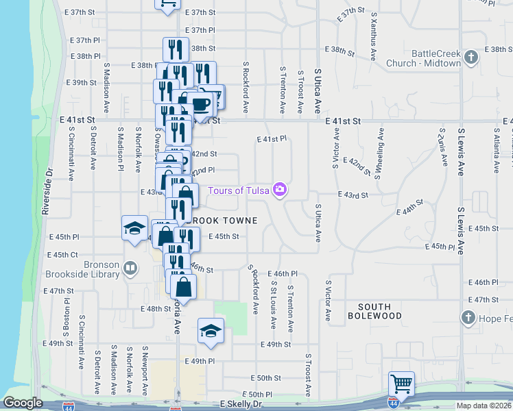map of restaurants, bars, coffee shops, grocery stores, and more near 4315 South Quincy Place in Tulsa