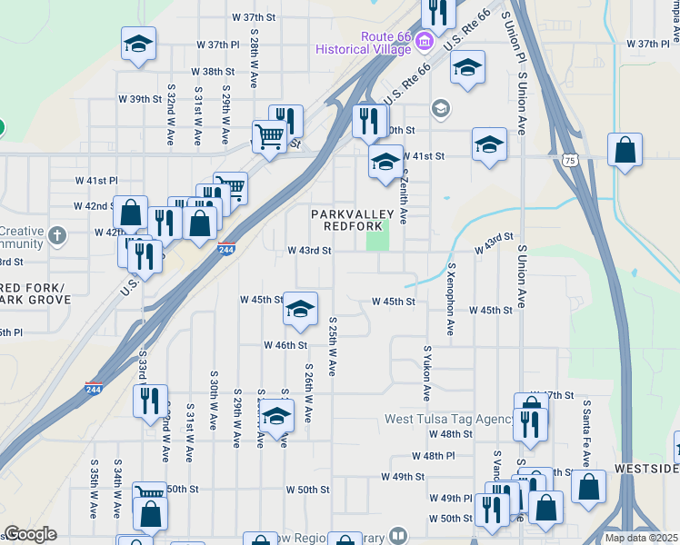 map of restaurants, bars, coffee shops, grocery stores, and more near 2408 West 43rd Street in Tulsa