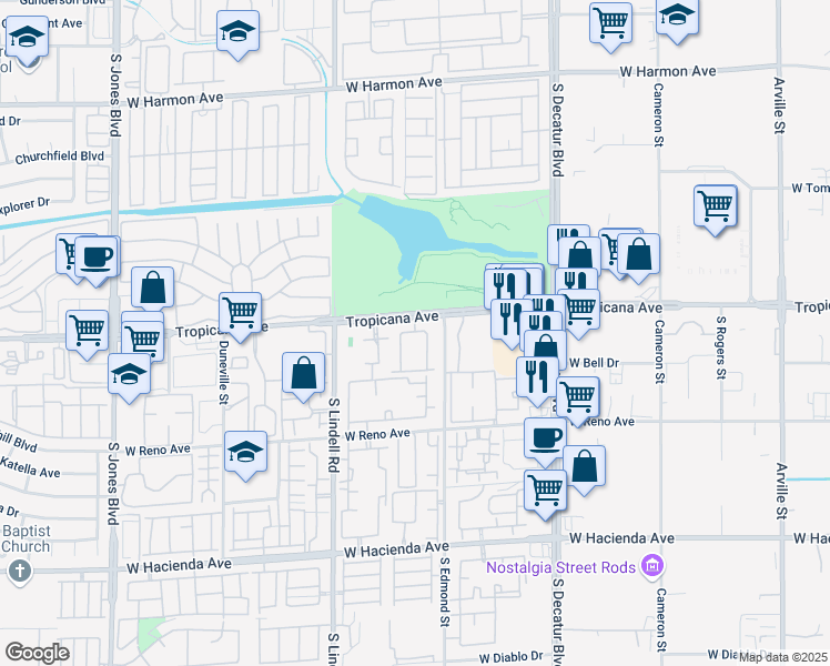 map of restaurants, bars, coffee shops, grocery stores, and more near 5275 West Tropicana Avenue in Las Vegas