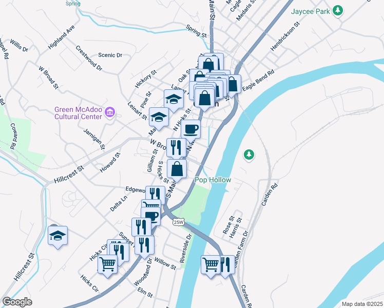 map of restaurants, bars, coffee shops, grocery stores, and more near 111 North Main Street in Clinton