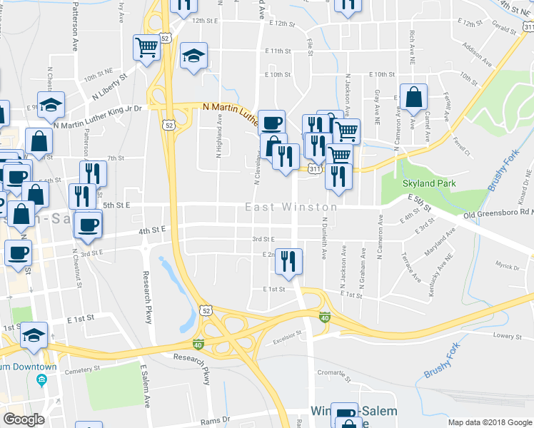 map of restaurants, bars, coffee shops, grocery stores, and more near 414 North Laura Wall Boulevard in Winston-Salem