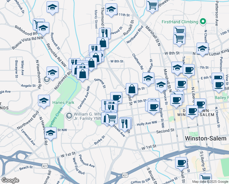 map of restaurants, bars, coffee shops, grocery stores, and more near 843 West 6th Street in Winston-Salem