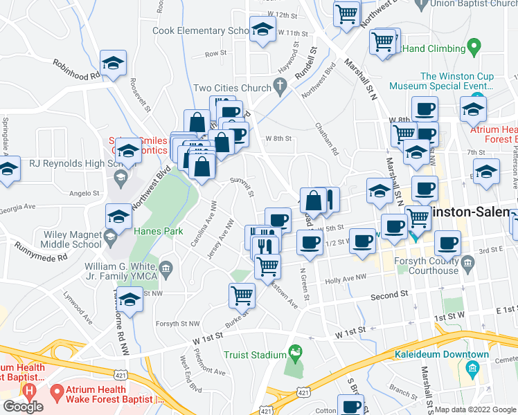 map of restaurants, bars, coffee shops, grocery stores, and more near 855 West 6th Street in Winston-Salem