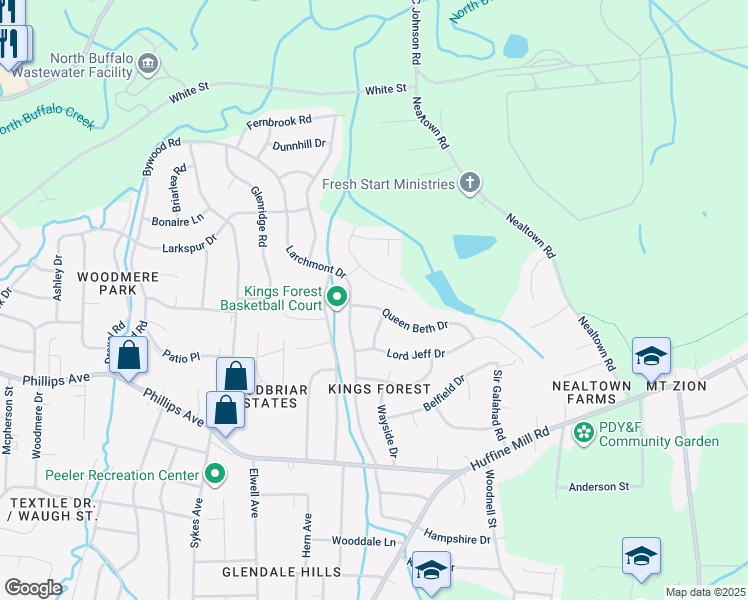 map of restaurants, bars, coffee shops, grocery stores, and more near 4105 Queen Beth Drive in Greensboro