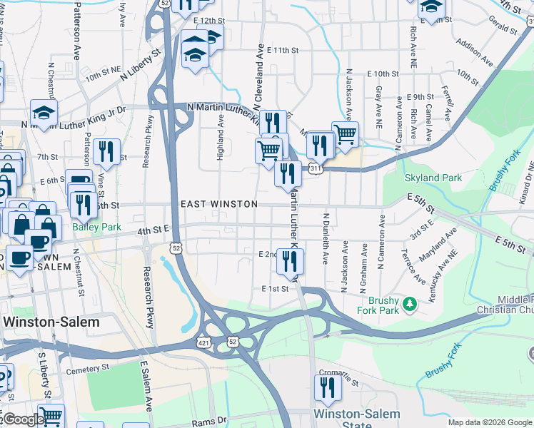 map of restaurants, bars, coffee shops, grocery stores, and more near 414 North Laura Wall Boulevard in Winston-Salem