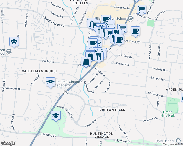 map of restaurants, bars, coffee shops, grocery stores, and more near 2041 Overhill Drive in Nashville