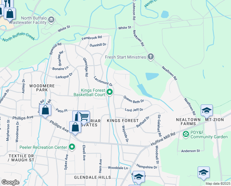 map of restaurants, bars, coffee shops, grocery stores, and more near 1700 Larchmont Drive in Greensboro