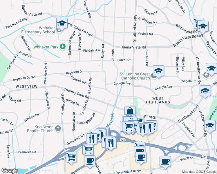 map of restaurants, bars, coffee shops, grocery stores, and more near 2311 Georgia Avenue in Winston-Salem