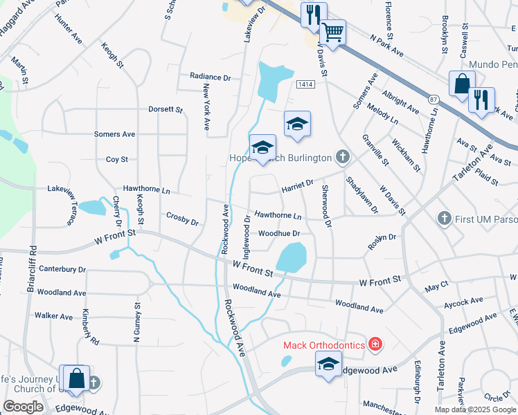 map of restaurants, bars, coffee shops, grocery stores, and more near 1819 Hawthorne Lane in Burlington