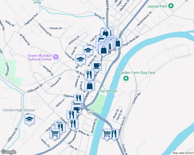 map of restaurants, bars, coffee shops, grocery stores, and more near 111 North Main Street in Clinton