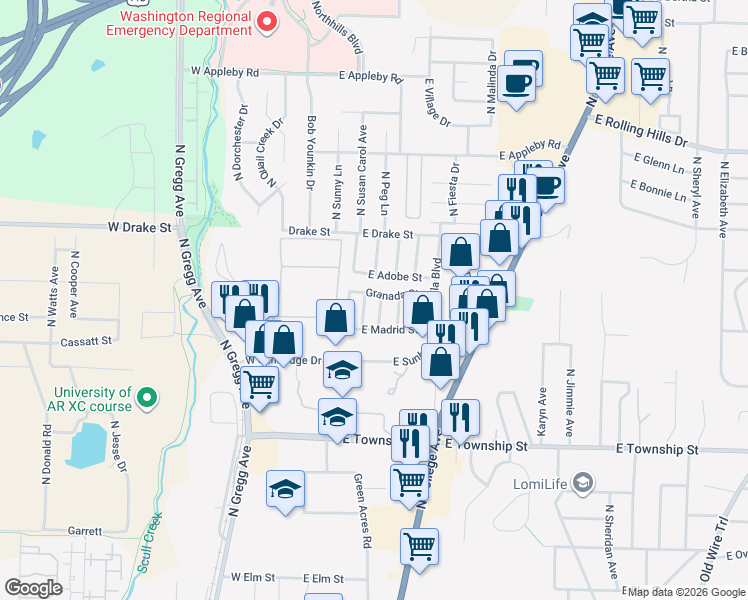 map of restaurants, bars, coffee shops, grocery stores, and more near 152 Granada Street in Fayetteville