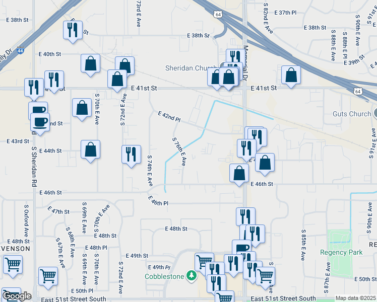 map of restaurants, bars, coffee shops, grocery stores, and more near 4251 South 76th East Avenue in Tulsa
