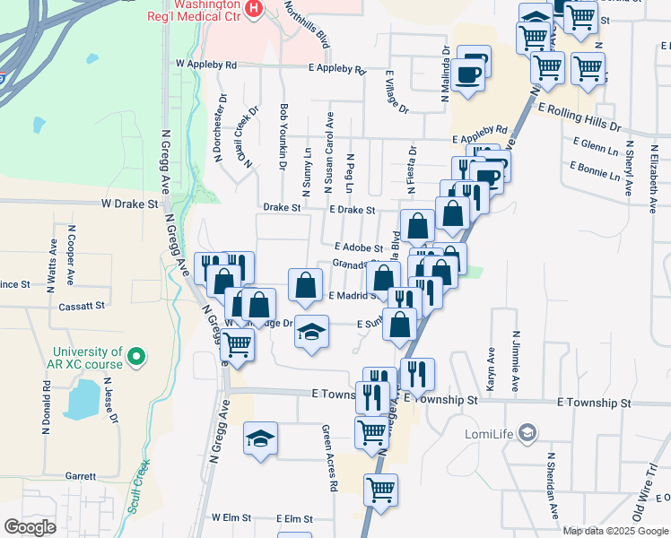 map of restaurants, bars, coffee shops, grocery stores, and more near 2672 North Arroyo Avenue in Fayetteville