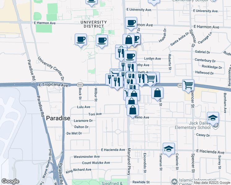 map of restaurants, bars, coffee shops, grocery stores, and more near 1105 East Tropicana Avenue in Las Vegas