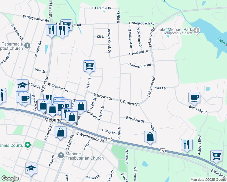map of restaurants, bars, coffee shops, grocery stores, and more near 504 East Orange Street in Mebane