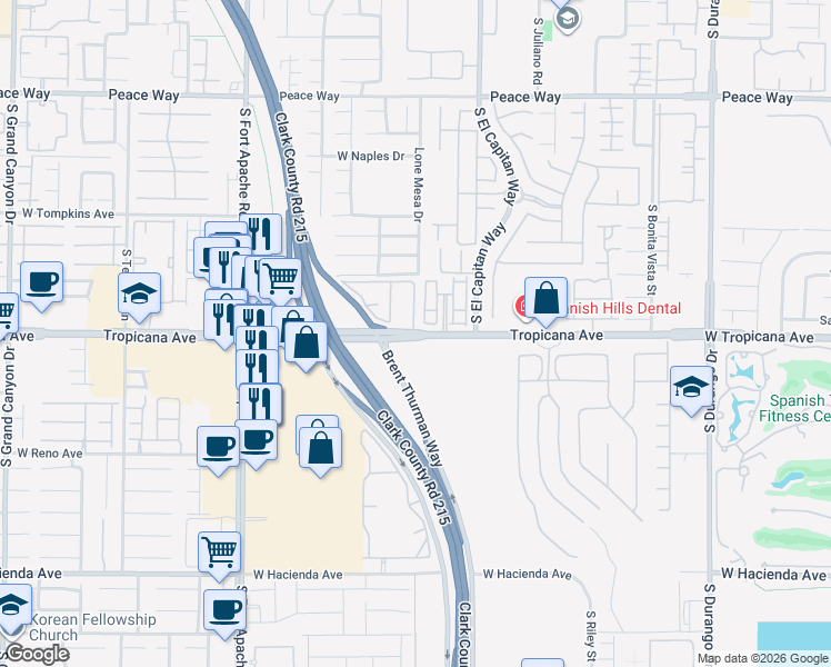map of restaurants, bars, coffee shops, grocery stores, and more near 9050 West Tropicana Avenue in Las Vegas