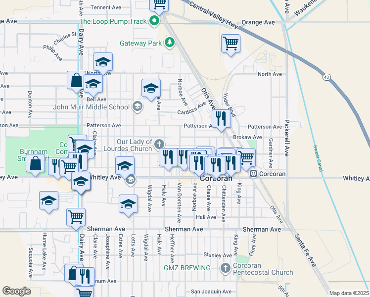 map of restaurants, bars, coffee shops, grocery stores, and more near 1221 Brokaw Avenue in Corcoran