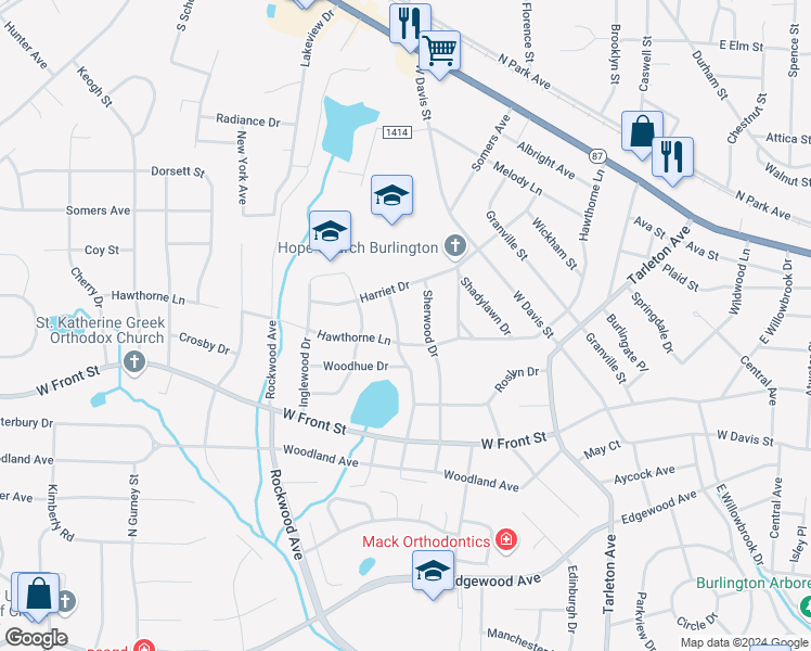 map of restaurants, bars, coffee shops, grocery stores, and more near 1517 Edith Street in Burlington
