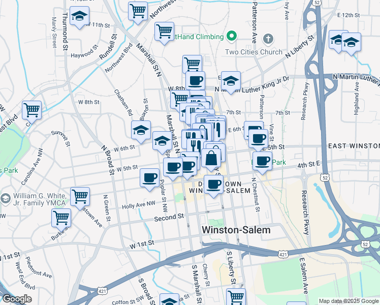map of restaurants, bars, coffee shops, grocery stores, and more near 527 North Cherry Street in Winston-Salem