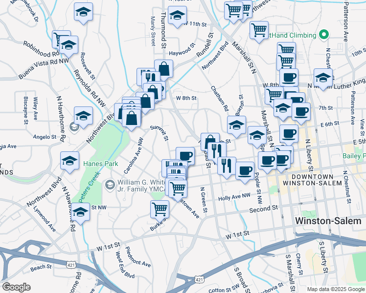 map of restaurants, bars, coffee shops, grocery stores, and more near 841 West 6th Street in Winston-Salem