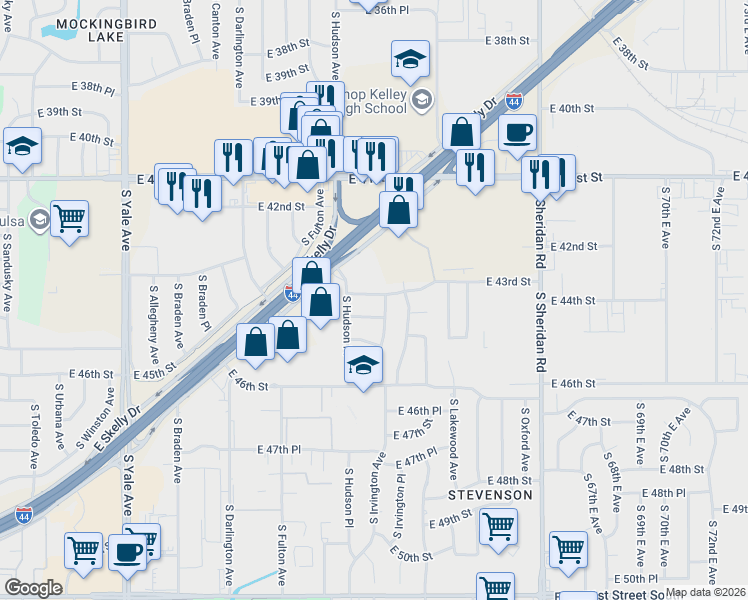 map of restaurants, bars, coffee shops, grocery stores, and more near 5727 East 43rd Street in Tulsa