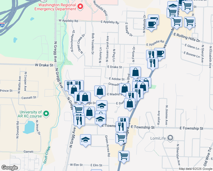map of restaurants, bars, coffee shops, grocery stores, and more near 2693 North Valencia Avenue in Fayetteville