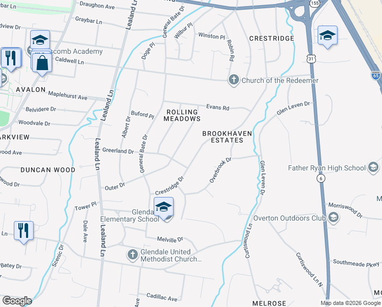 map of restaurants, bars, coffee shops, grocery stores, and more near 4035 Crestridge Drive in Nashville