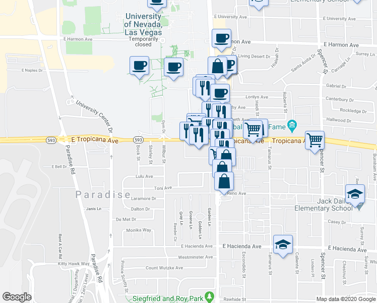 map of restaurants, bars, coffee shops, grocery stores, and more near 1105 East Tropicana Avenue in Las Vegas