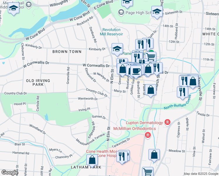 map of restaurants, bars, coffee shops, grocery stores, and more near 1901 North Elm Street in Greensboro