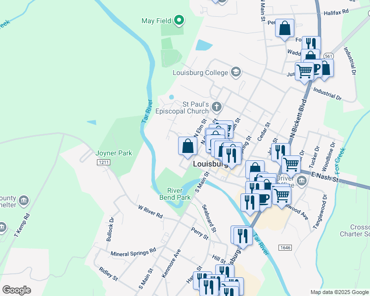 map of restaurants, bars, coffee shops, grocery stores, and more near 101 Elm Street in Franklinton