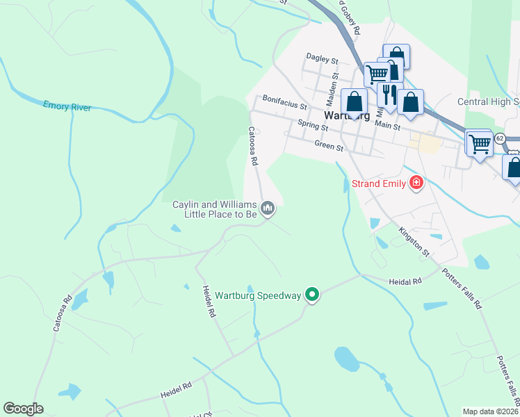 map of restaurants, bars, coffee shops, grocery stores, and more near 170 Catoosa Road in Wartburg
