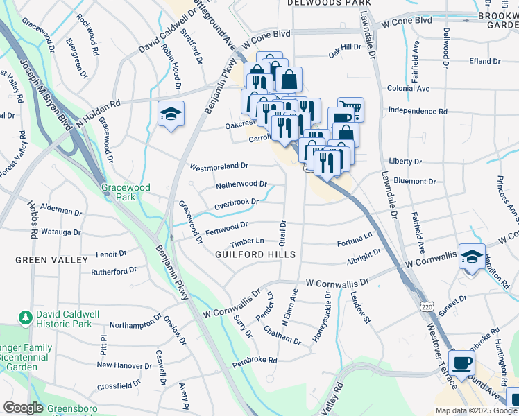 map of restaurants, bars, coffee shops, grocery stores, and more near 2510 Overbrook Drive in Greensboro