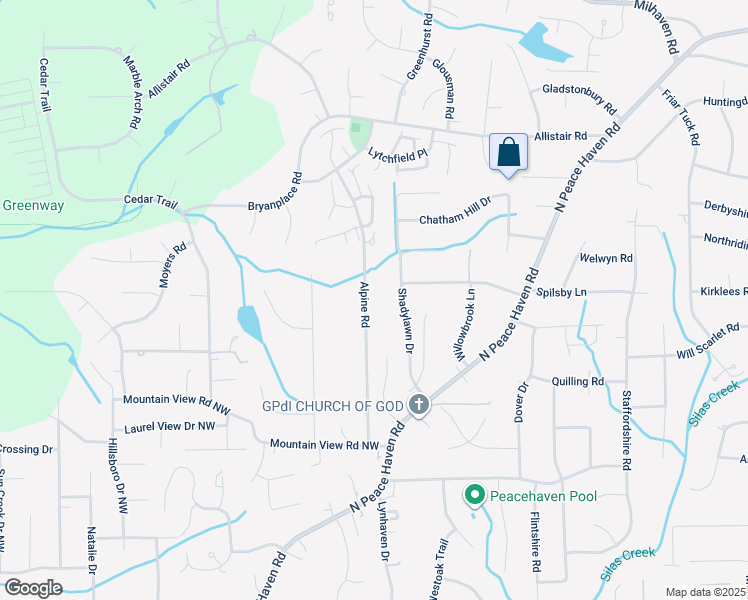 map of restaurants, bars, coffee shops, grocery stores, and more near 575 Alpine Road in Winston-Salem