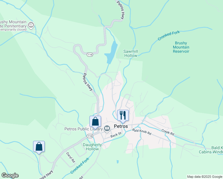 map of restaurants, bars, coffee shops, grocery stores, and more near 363 Armes Road in Petros