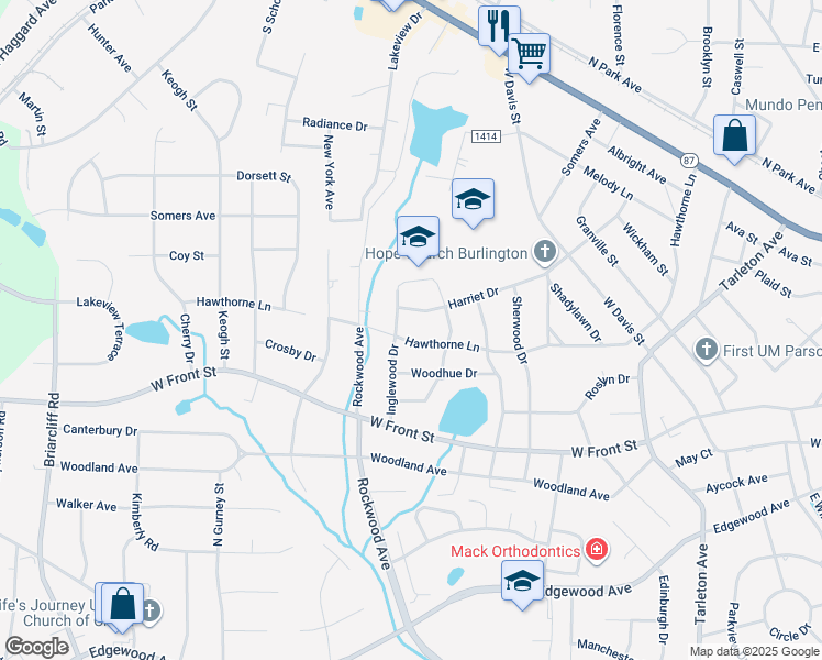 map of restaurants, bars, coffee shops, grocery stores, and more near 1819 Hawthorne Lane in Burlington