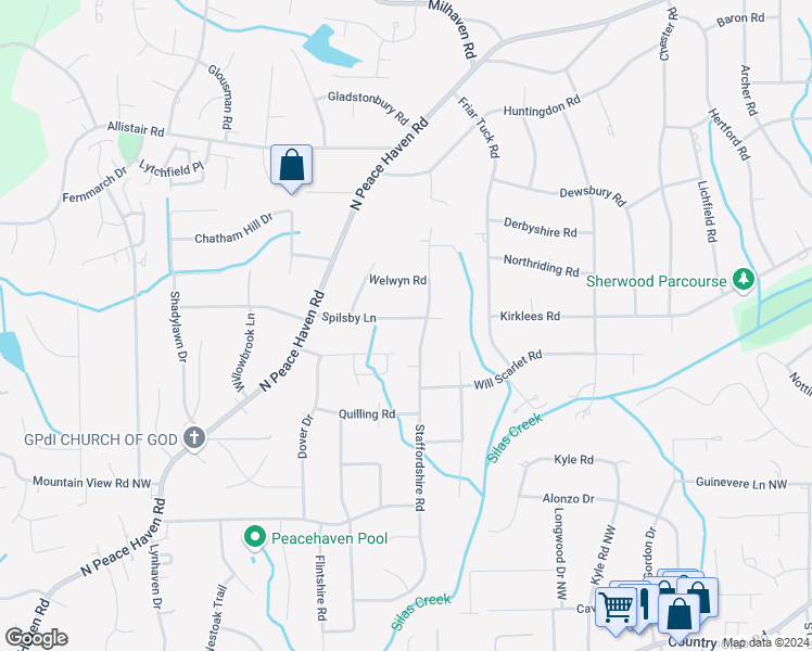 map of restaurants, bars, coffee shops, grocery stores, and more near 4800 Spilsby Lane in Winston-Salem