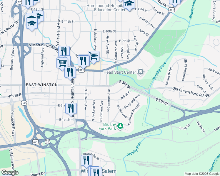 map of restaurants, bars, coffee shops, grocery stores, and more near 1800 East 5th Street in Winston-Salem