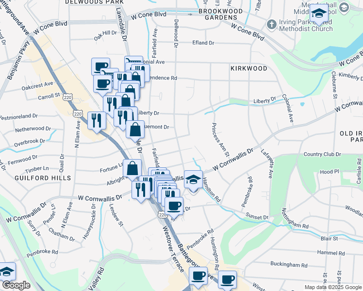 map of restaurants, bars, coffee shops, grocery stores, and more near 2102 Dellwood Drive in Greensboro