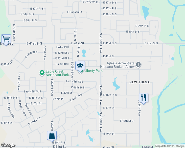 map of restaurants, bars, coffee shops, grocery stores, and more near 4300 South 209th East Avenue in Broken Arrow