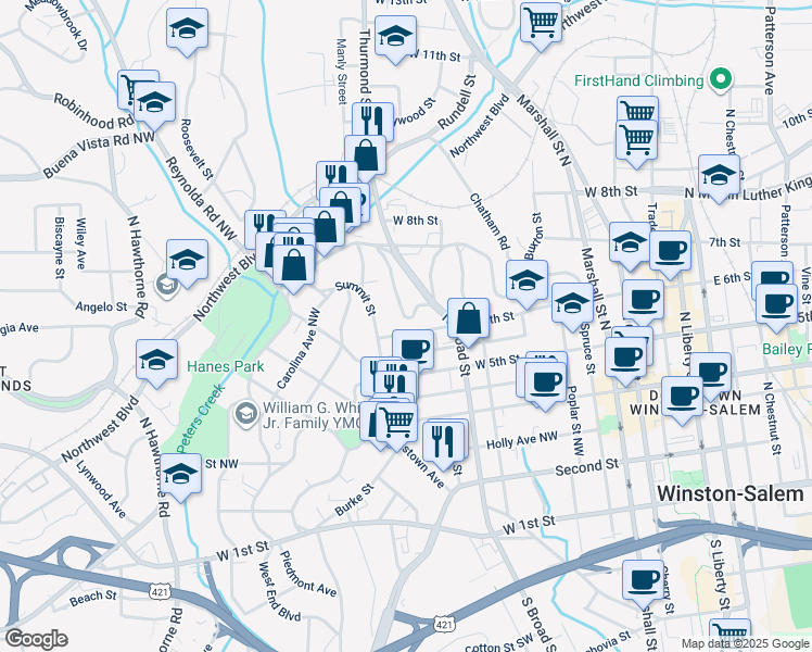 map of restaurants, bars, coffee shops, grocery stores, and more near 841 West 6th Street in Winston-Salem