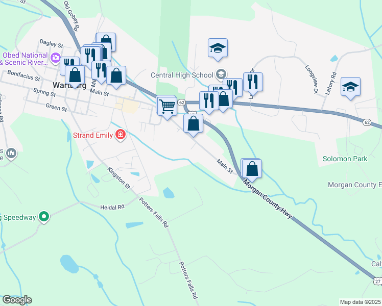 map of restaurants, bars, coffee shops, grocery stores, and more near 1138 Main Street in Wartburg